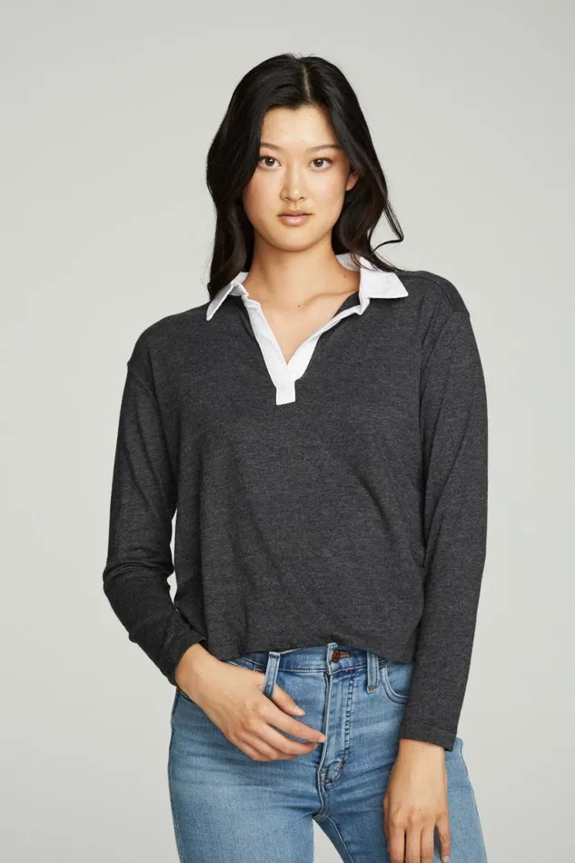 Womens Tops Chaser Brand Semi Cropped Polo Boxy Short Sleeve Tee