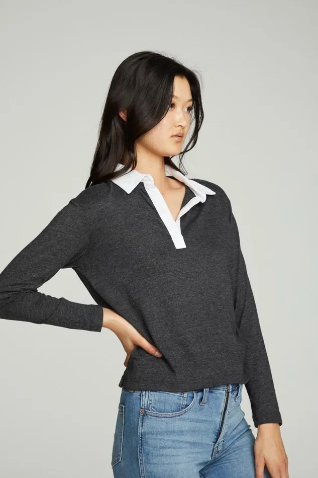 Womens Tops Chaser Brand Semi Cropped Polo Boxy Short Sleeve Tee