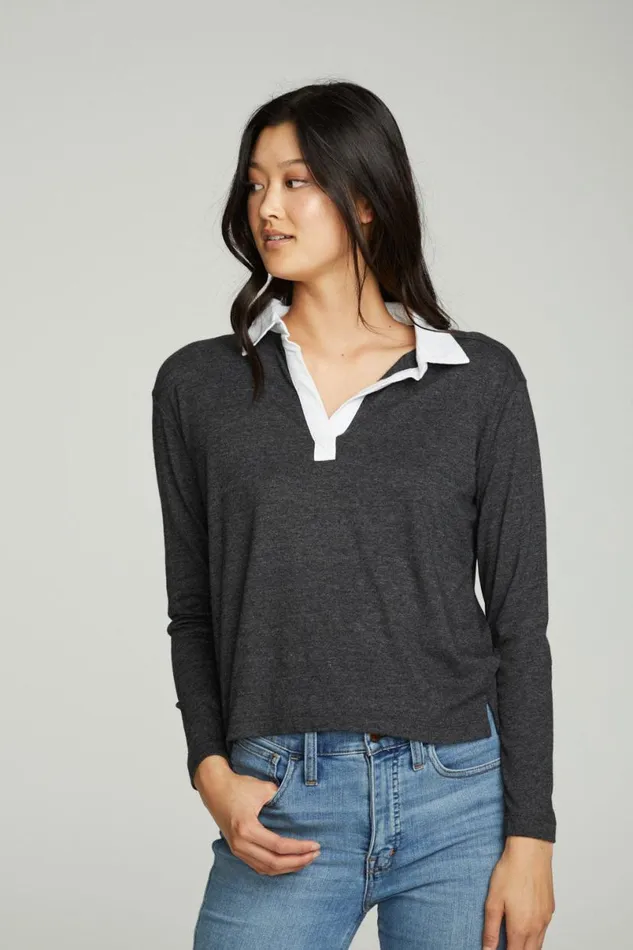 Womens Tops Chaser Brand Semi Cropped Polo Boxy Short Sleeve Tee