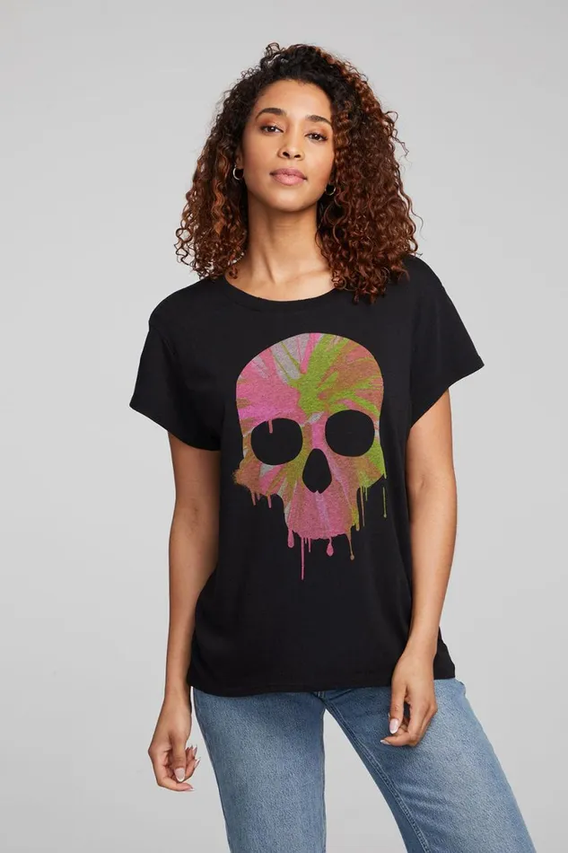 Womens Tops Chaser Brand Spin Paint Skull Tee