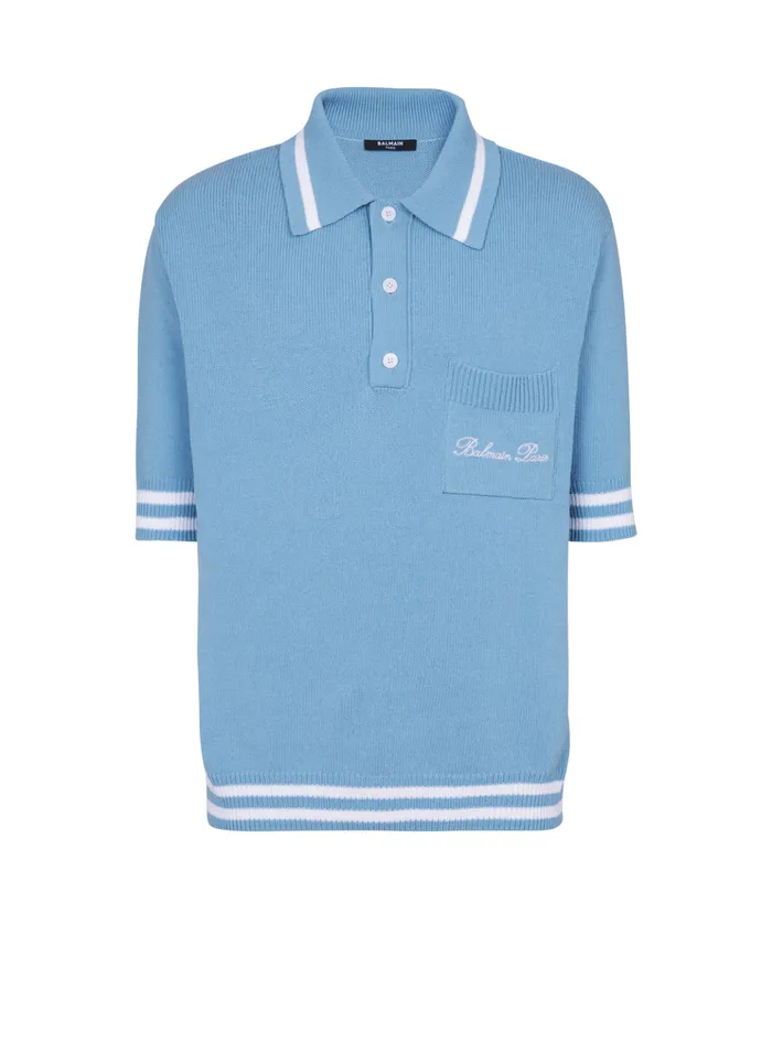 Wool Polo Shirt With Signature Embroidery Blue Men Balmain Shirts And Polos