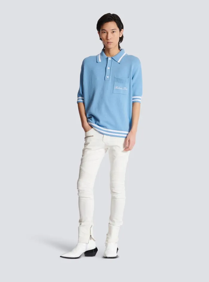 Wool Polo Shirt With Signature Embroidery Blue Men Balmain Shirts And Polos