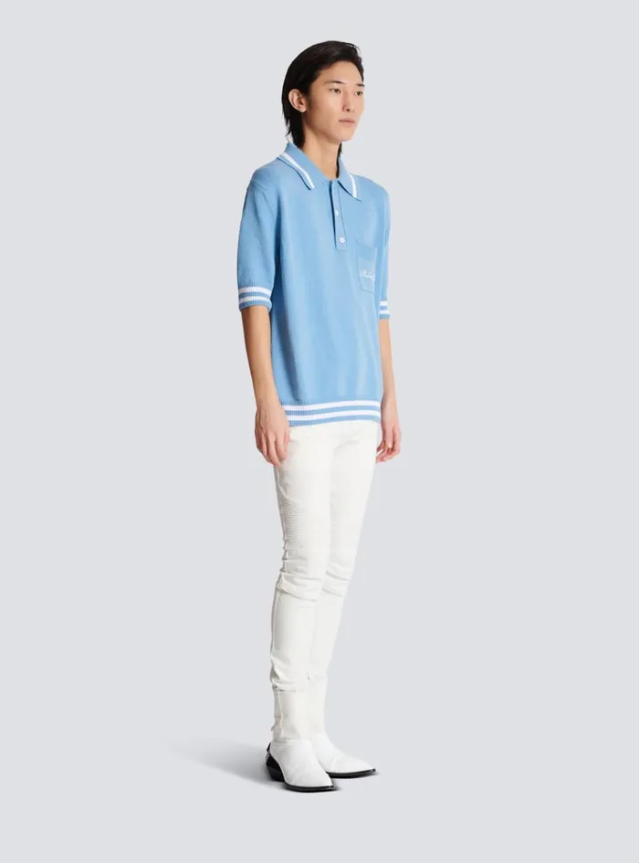 Wool Polo Shirt With Signature Embroidery Blue Men Balmain Shirts And Polos
