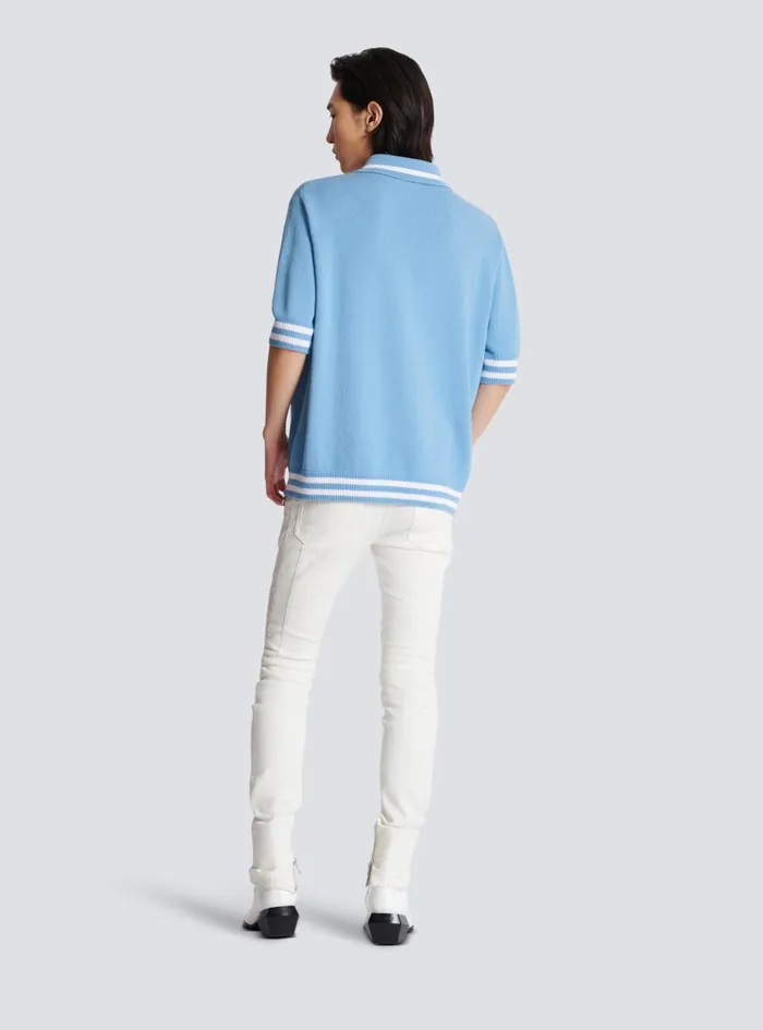 Wool Polo Shirt With Signature Embroidery Blue Men Balmain Shirts And Polos