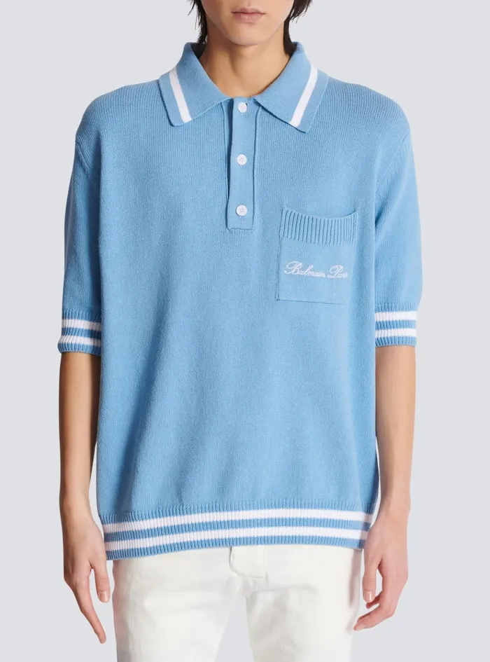 Wool Polo Shirt With Signature Embroidery Blue Men Balmain Shirts And Polos
