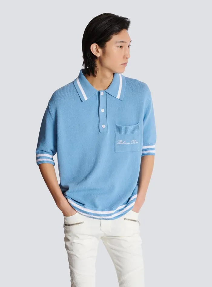 Wool Polo Shirt With Signature Embroidery Blue Men Balmain Shirts And Polos