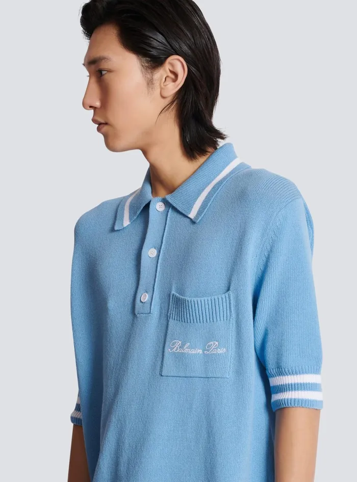 Wool Polo Shirt With Signature Embroidery Blue Men Balmain Shirts And Polos