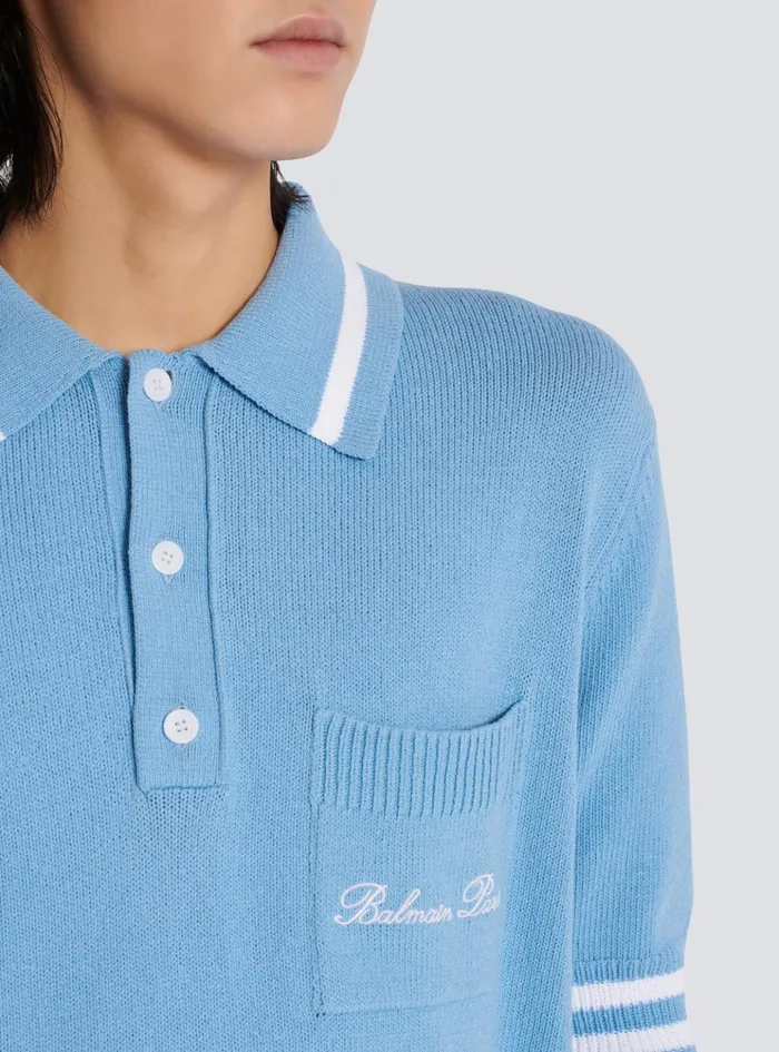 Wool Polo Shirt With Signature Embroidery Blue Men Balmain Shirts And Polos