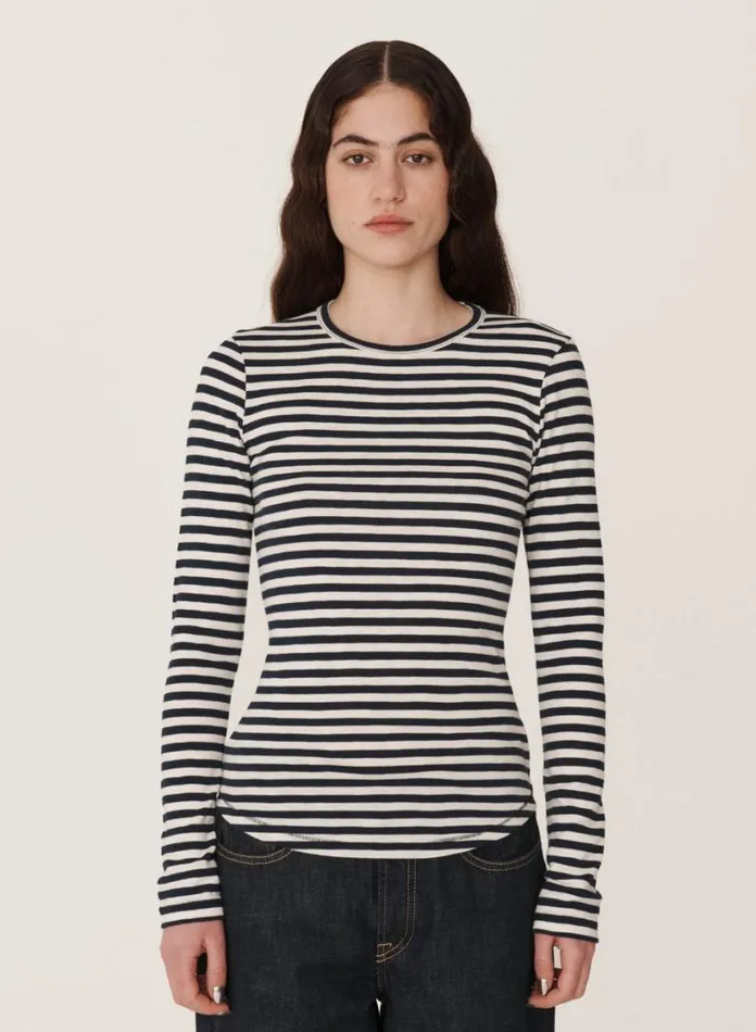 YMC Earth Charlotte LongSleeved TShirt Navy White Womens Earth