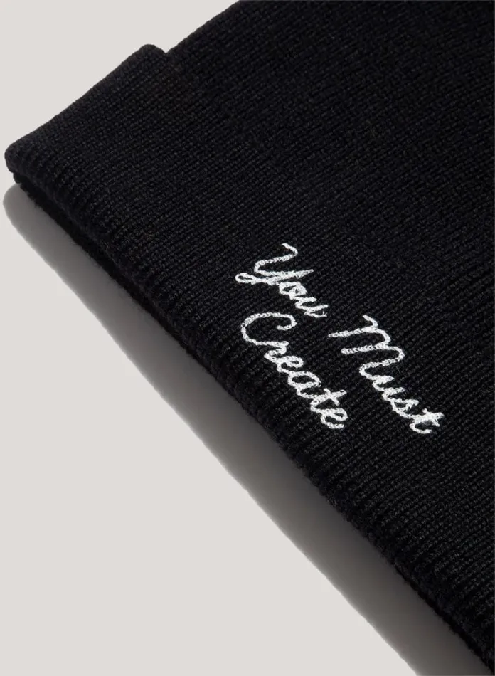 YMC Embroidered Merino Wool Beanie Hat Black Womens Hats