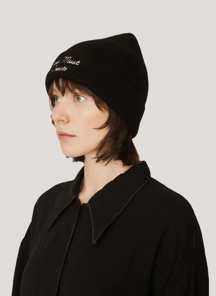YMC Embroidered Merino Wool Beanie Hat Black Womens Hats