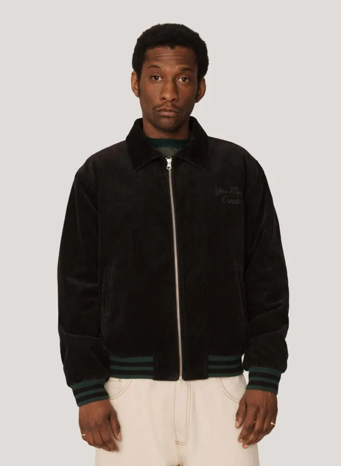 YMC Jets Embroidered Corduroy Baseball Jacket Black Mens Outerwear