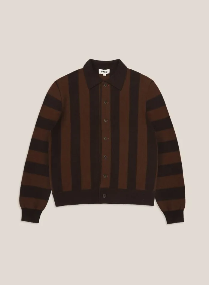 YMC Rat Pack Stripe Pique Wool Cardigan Brown Mens Knitwear
