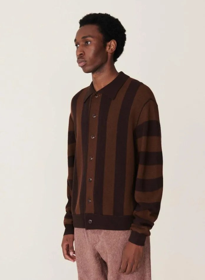 YMC Rat Pack Stripe Pique Wool Cardigan Brown Mens Knitwear