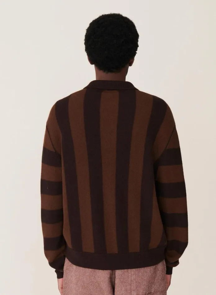 YMC Rat Pack Stripe Pique Wool Cardigan Brown Mens Knitwear
