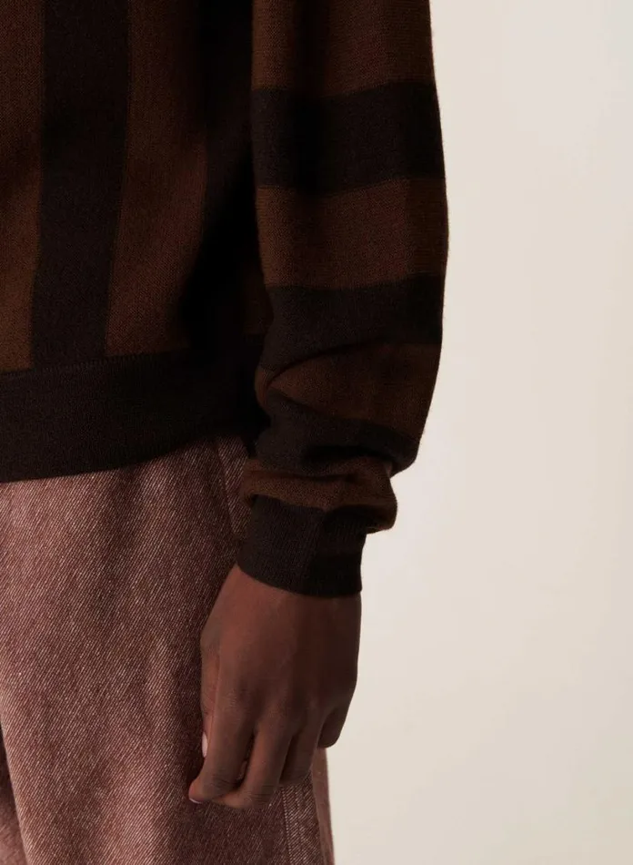 YMC Rat Pack Stripe Pique Wool Cardigan Brown Mens Knitwear