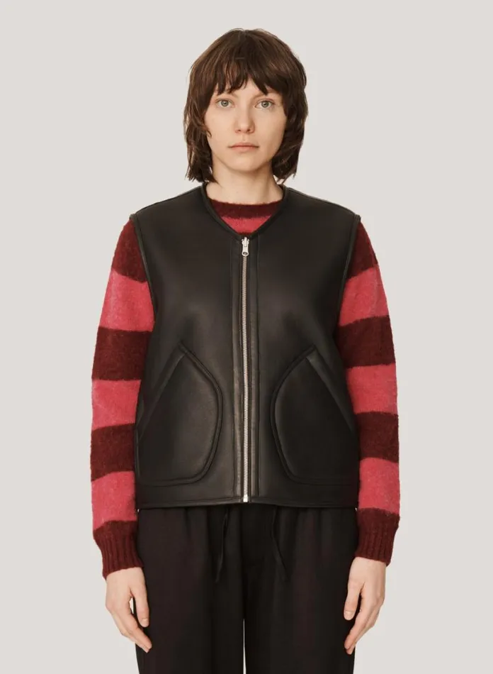 YMC Wyatt Reversible Leather Gilet Black Womens Outerwear