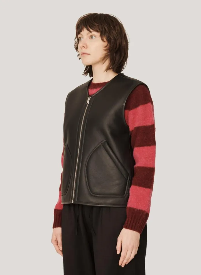 YMC Wyatt Reversible Leather Gilet Black Womens Outerwear