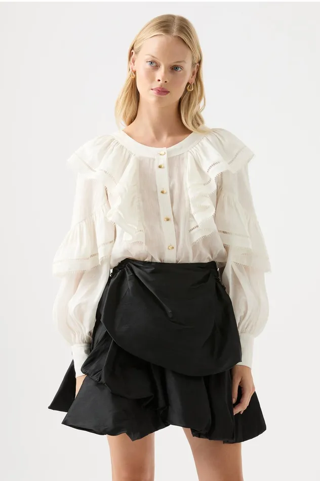 Zoe Ruffle Blouse Ivory Women Aje Tops