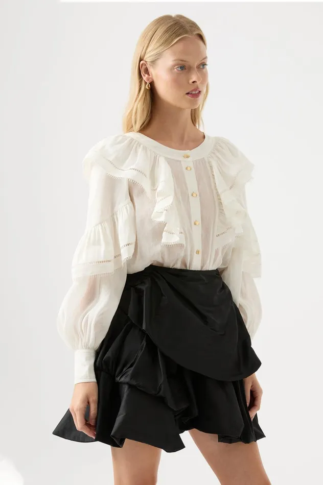 Zoe Ruffle Blouse Ivory Women Aje Tops