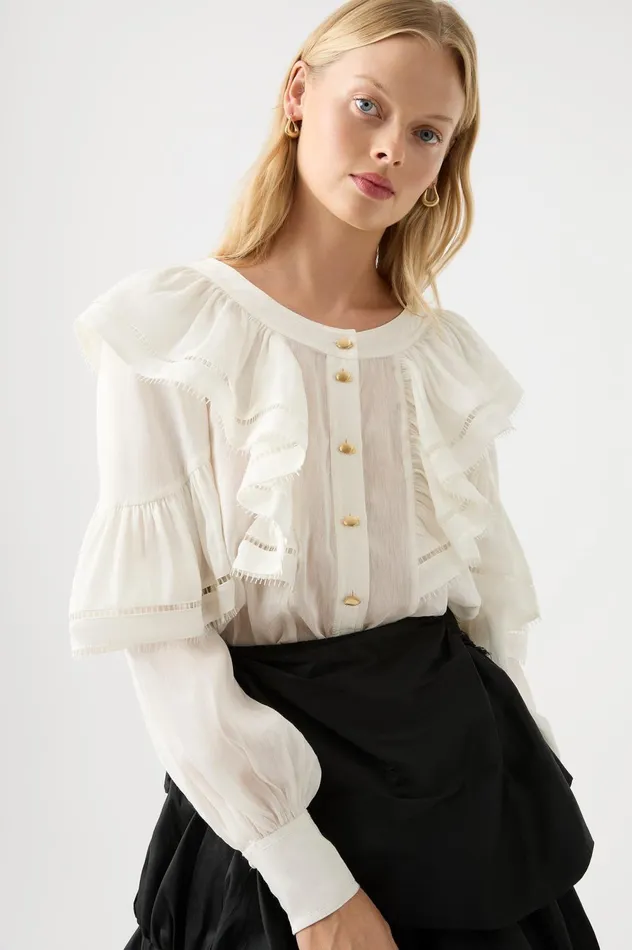 Zoe Ruffle Blouse Ivory Women Aje Tops
